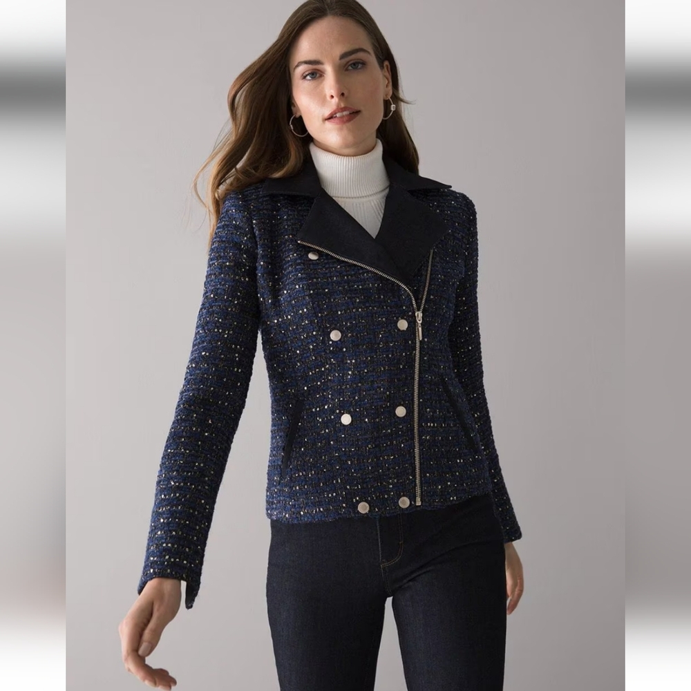 WHBM | Quintessential Lurex Sequin Tweed Moto Jacket Navy